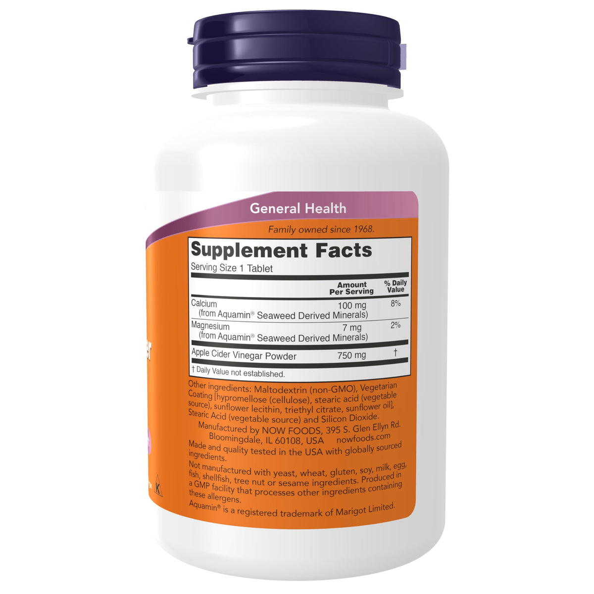 NOW Foods Vinaigre de Cidre de Pomme comprimés sur fond blanc