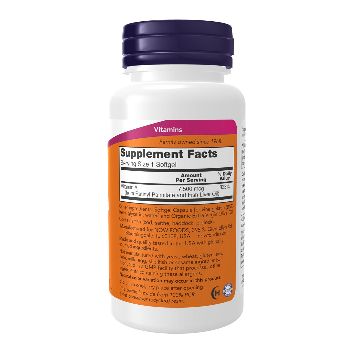 NOW Foods Vitamine A 25000 UI 250 gélules - vue arrière