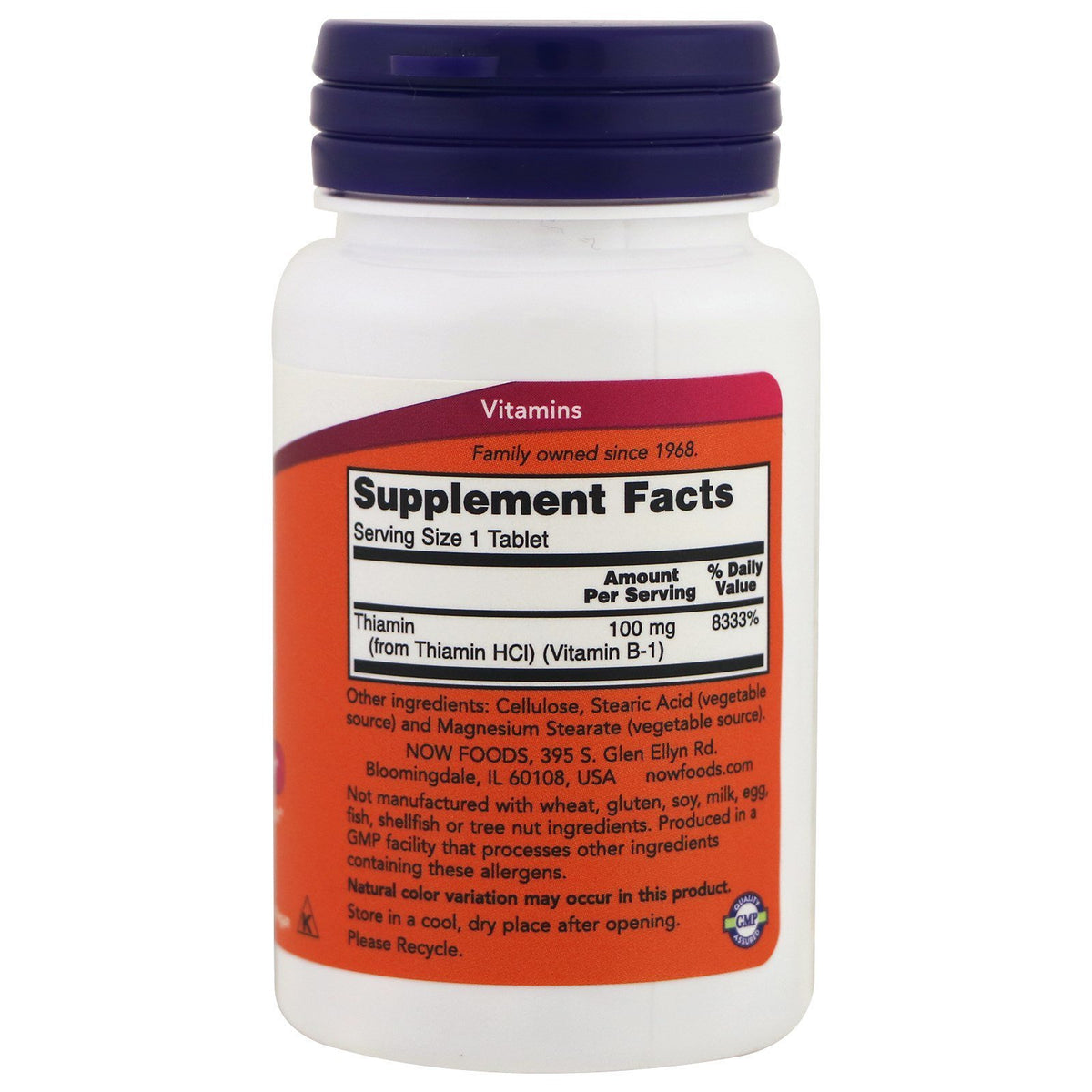 NOW Foods Vitamine B-1 100mg bouteille vue de côté