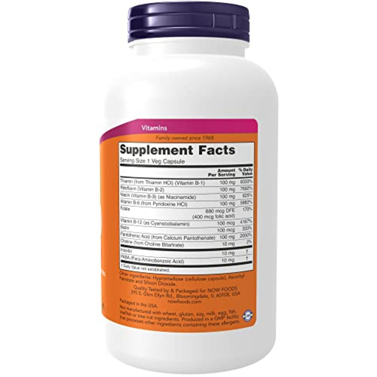 NOW Foods Vitamine B-100 étiquette avec ingrédients et infos