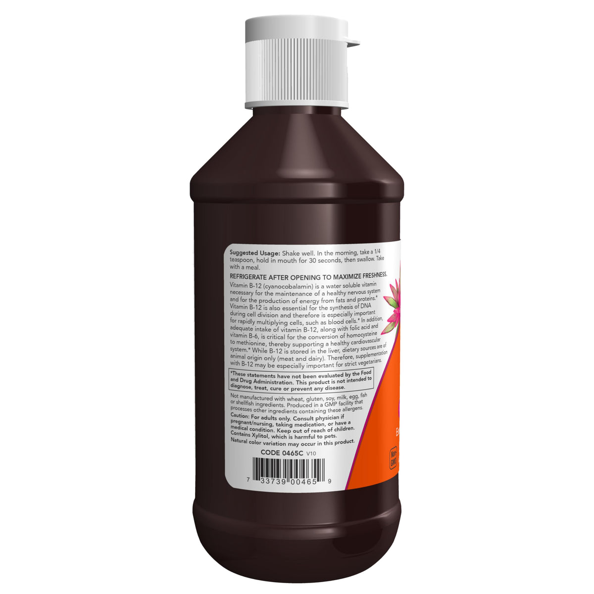 NOW Foods vitamine B-12 liquide 240 ml avec le bouchon ouvert