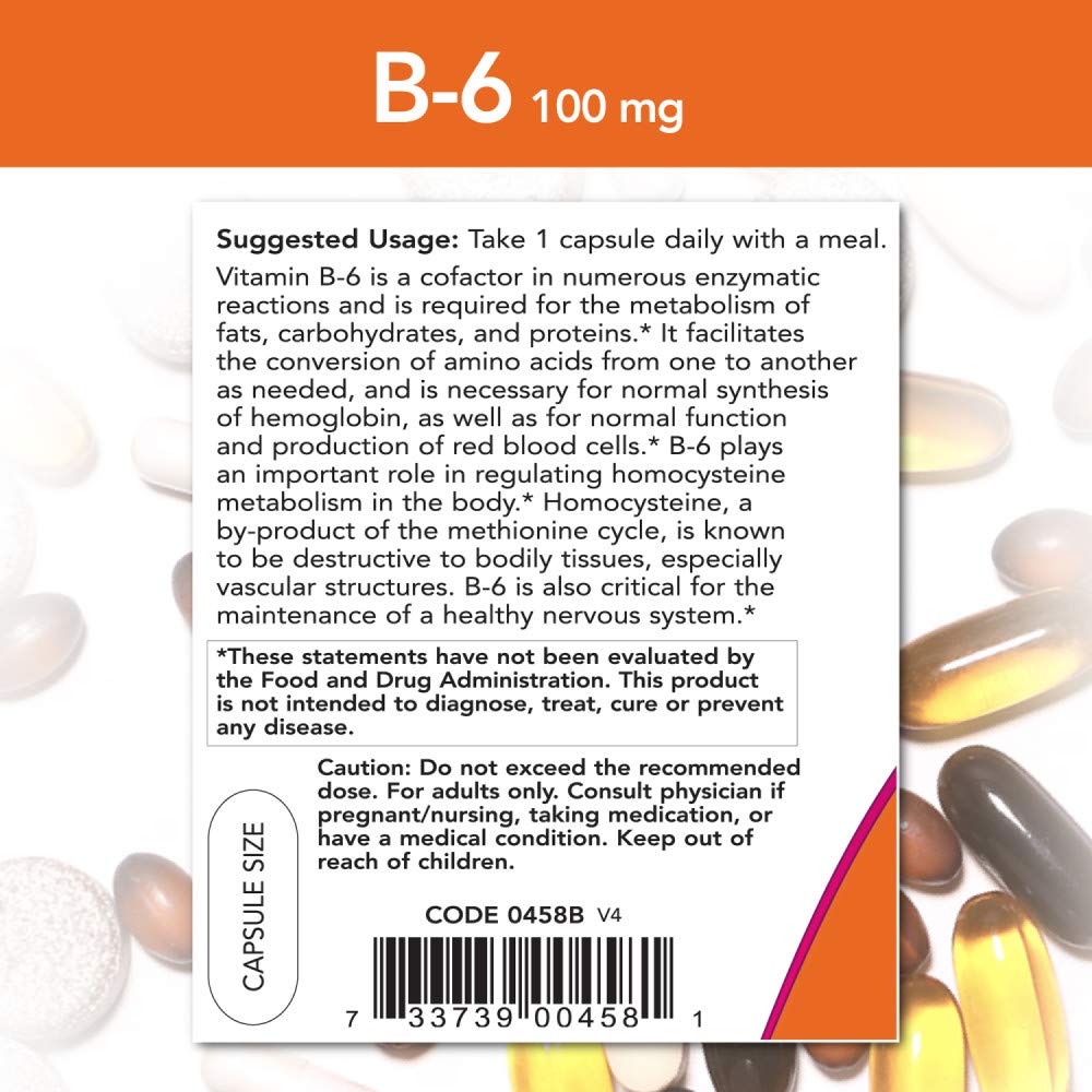 NOW Foods Vitamine B-6 100mg 250 capsules, vue latérale de l'emballage