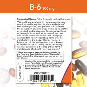 NOW Foods Vitamine B-6 100mg 250 capsules, vue latérale de l'emballage