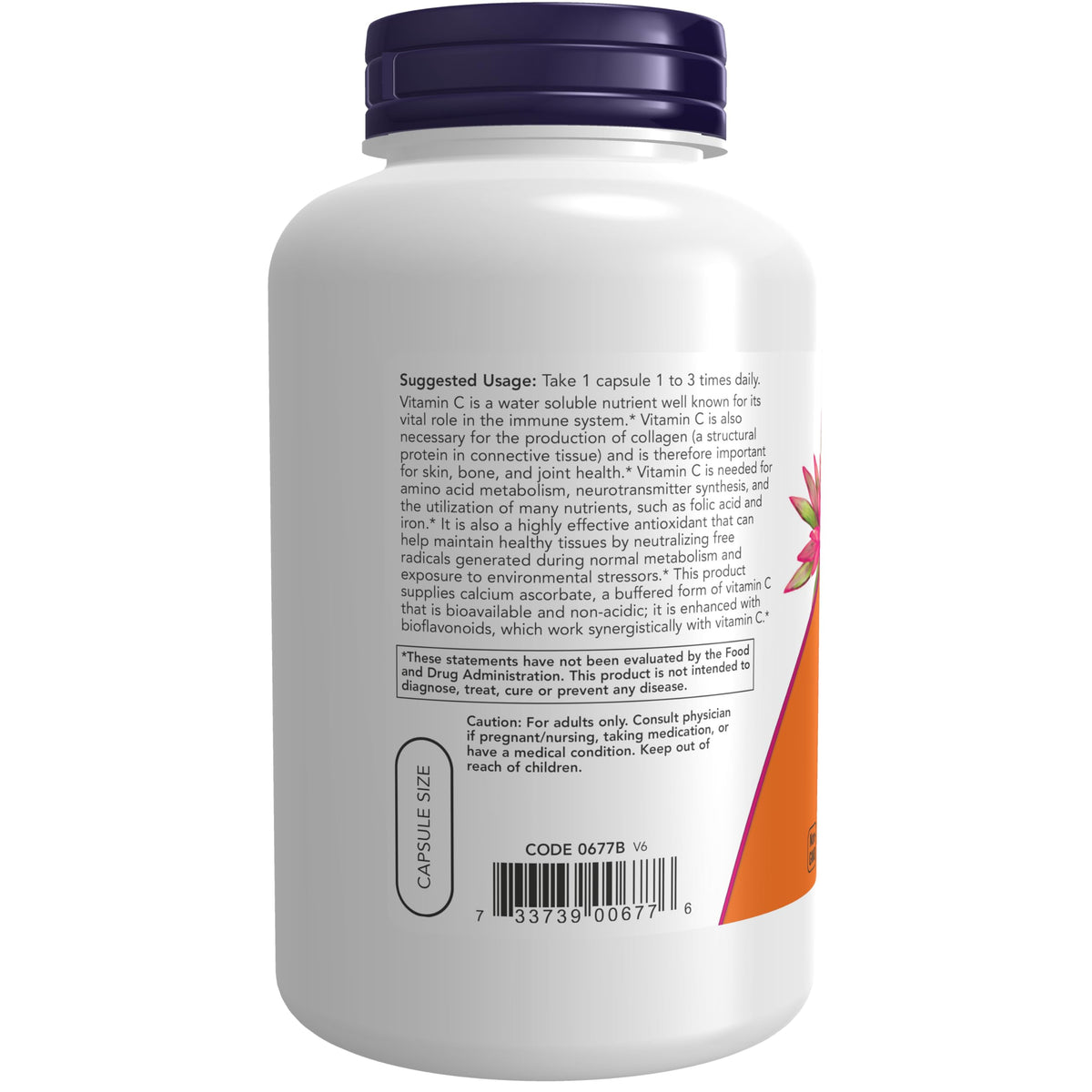 NOW Foods Vitamine C-500 capsules végétales sur fond blanc