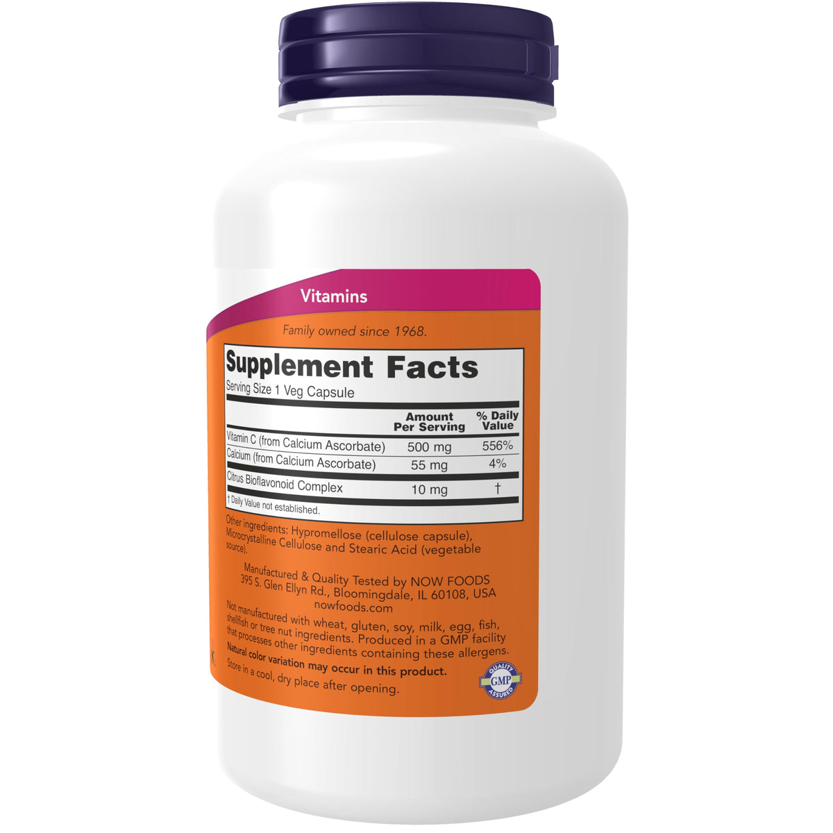 NOW Foods Vitamine C-500 étiquette avec ingrédients