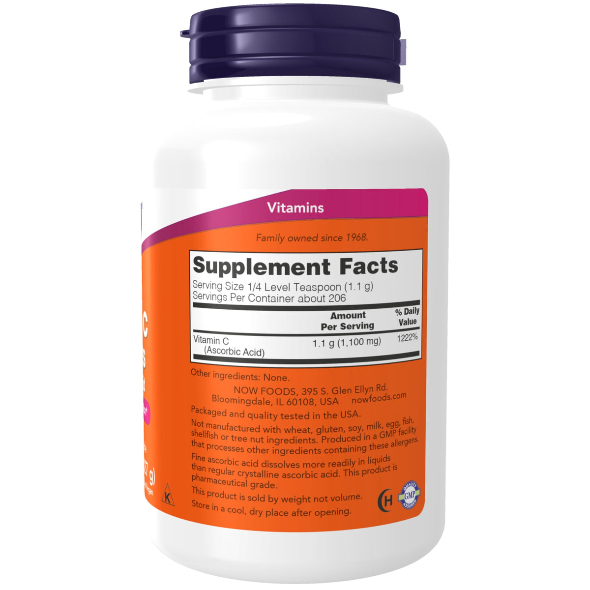 NOW Foods Vitamine C Poudre Crystals 280g vue arrière