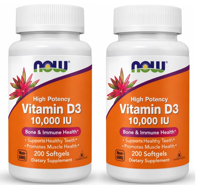 NOW Foods Vitamine D-3 10 000 UI 200 gélules vue de face