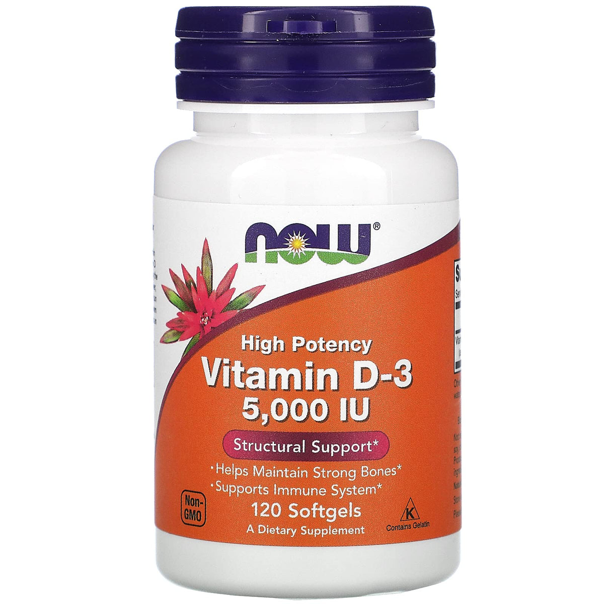 NOW Foods Vitamine D-3 125 mcg 120 gélules emballage