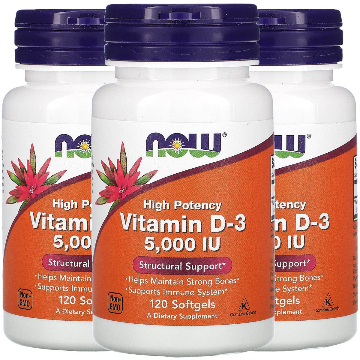NOW Foods Vitamine D-3 125 mcg 120 gélules vue de face