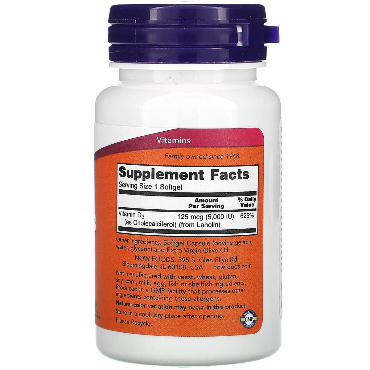 NOW Foods Vitamine D-3 125 mcg gélules sur fond blanc