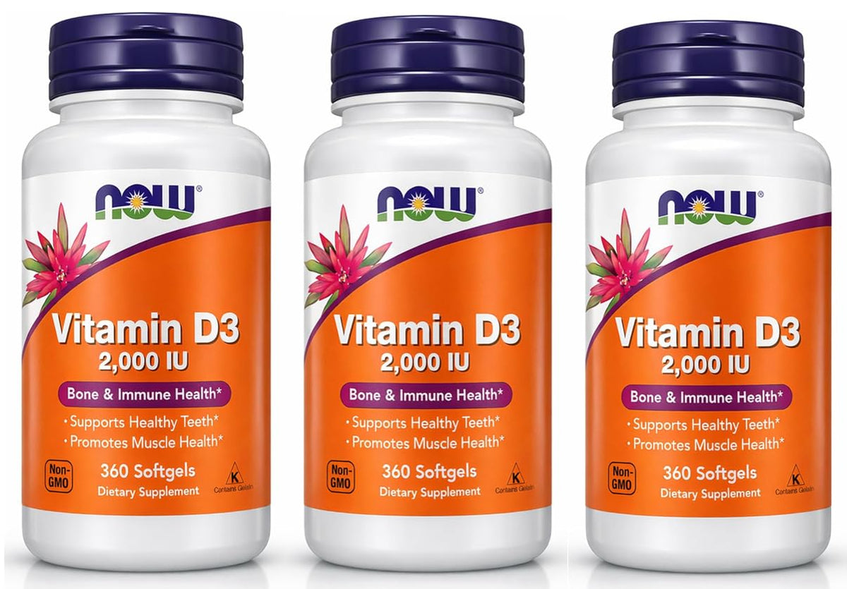 NOW Foods Vitamine D-3 2000 UI 360 gélules souples, vue de face