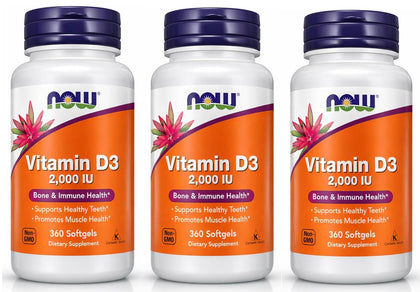 NOW Foods Vitamine D-3 2000 UI 360 gélules souples, vue de face