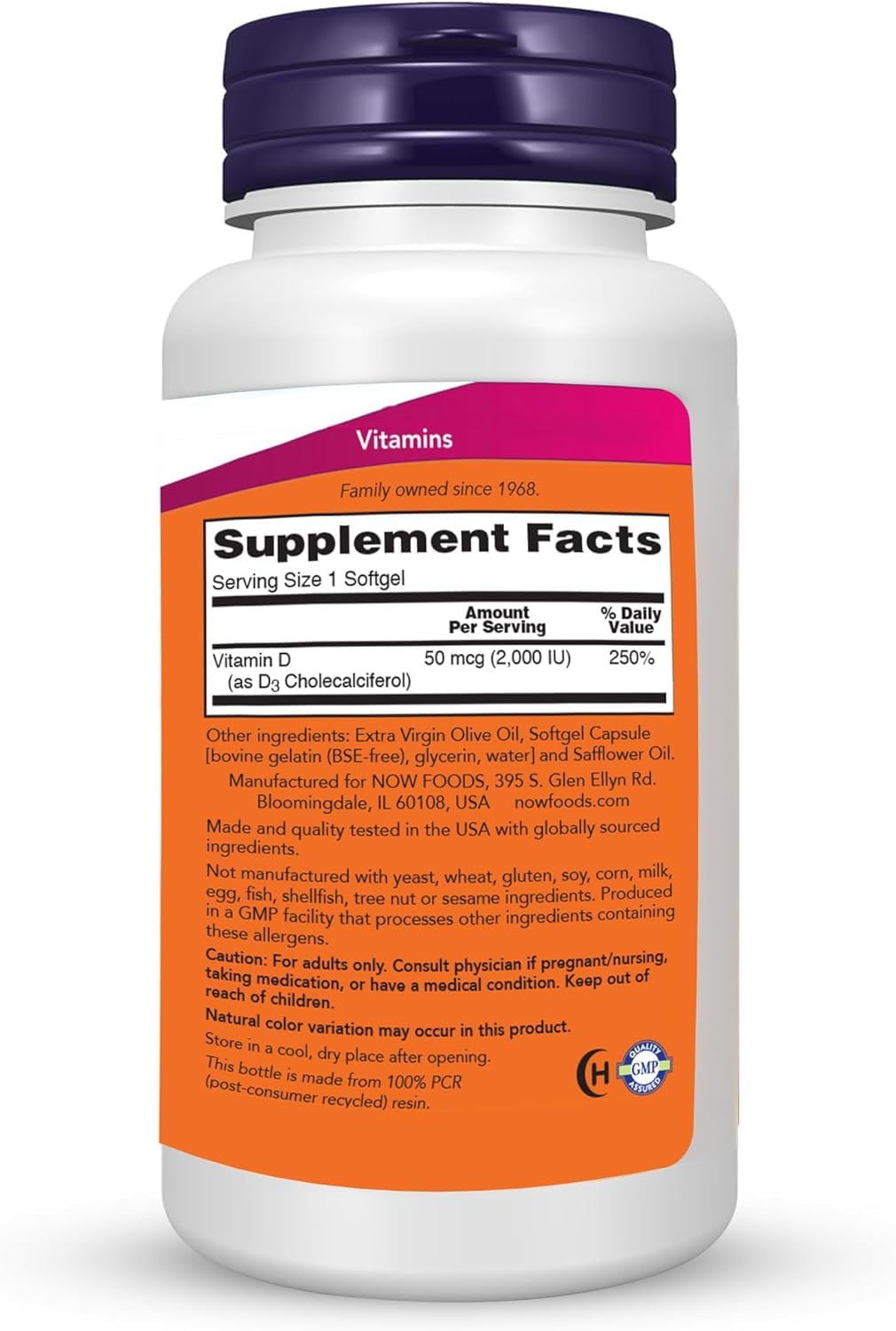 NOW Foods Vitamine D-3 360 gélules souples, vue arrière avec informations
