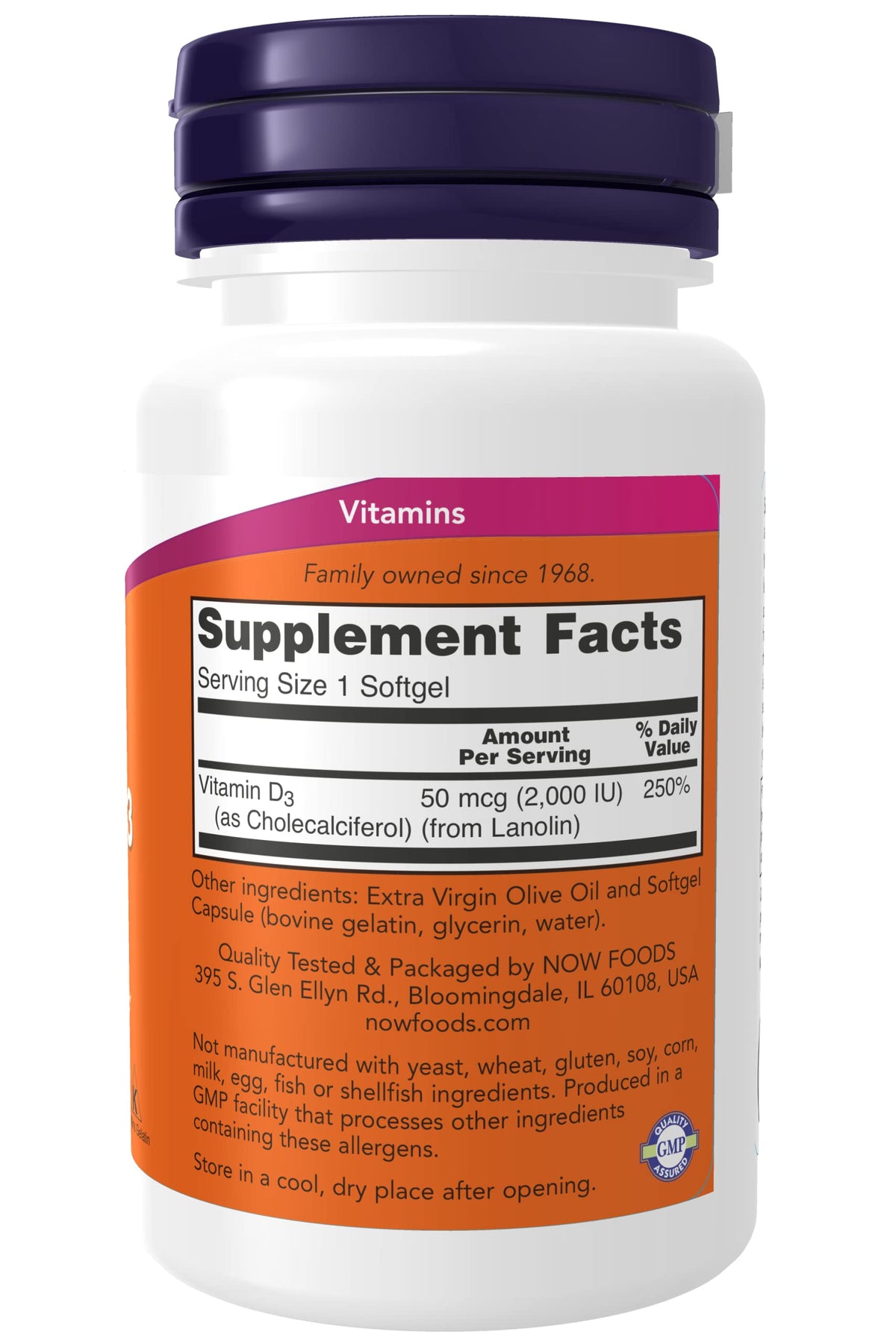NOW Foods Vitamine D-3 5 000 UI gélules molles arrière