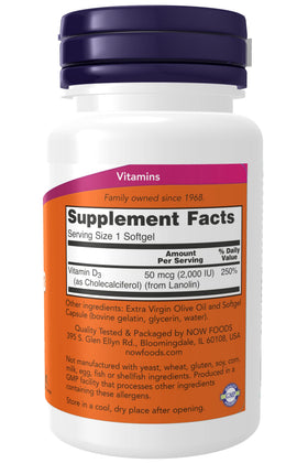 NOW Foods Vitamine D-3 5 000 UI gélules molles arrière