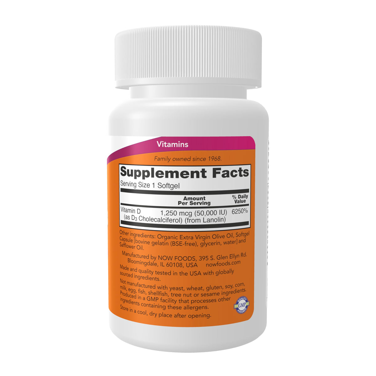 NOW Foods Vitamine D-3 50 000 UI gélules vue arrière