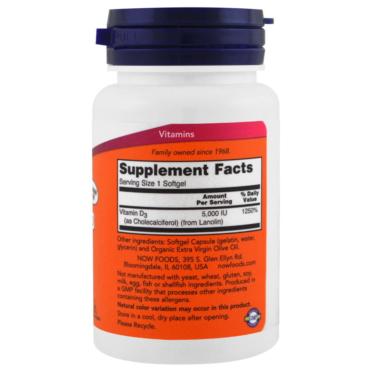 NOW Foods Vitamine D-3 5000 IU 240 gélules souples, côté