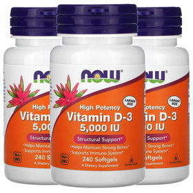 NOW Foods Vitamine D-3 5000 IU 240 gélules souples, vue avant