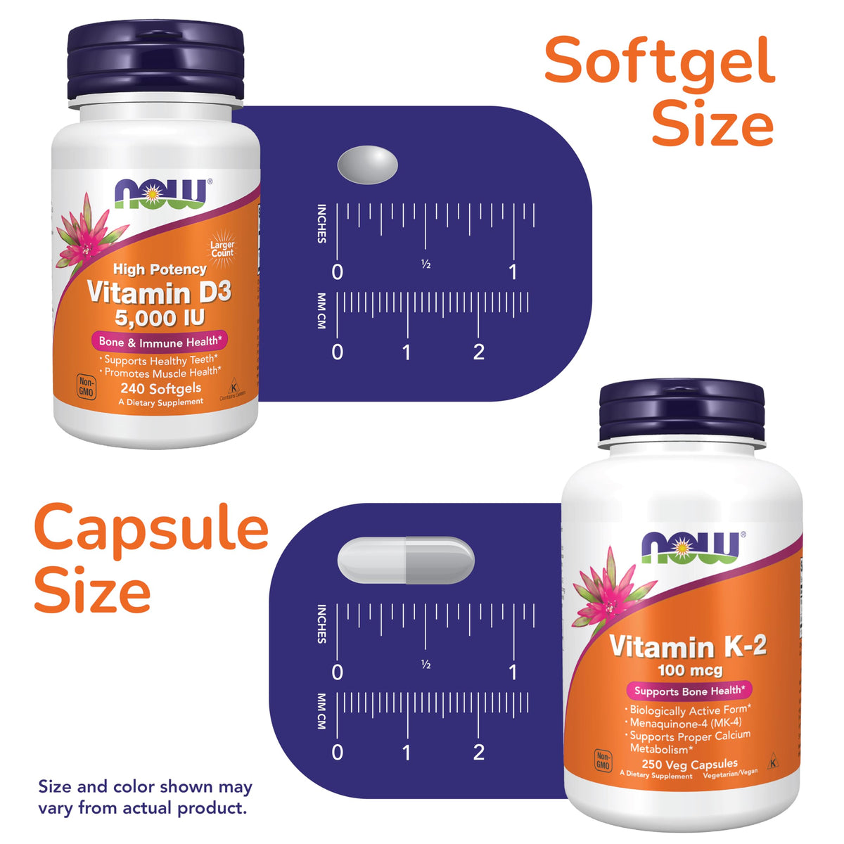 NOW Foods Vitamine D-3 et K-2 Menaquinone-4 gélules sur fond blanc