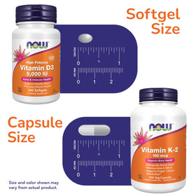 NOW Foods Vitamine D-3 et K-2 Menaquinone-4 gélules sur fond blanc