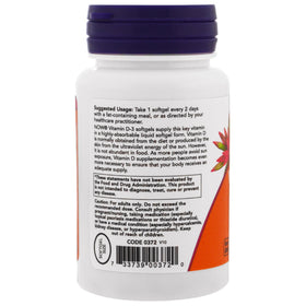 NOW Foods Vitamine D-3 gélules ouvertes montrant la taille