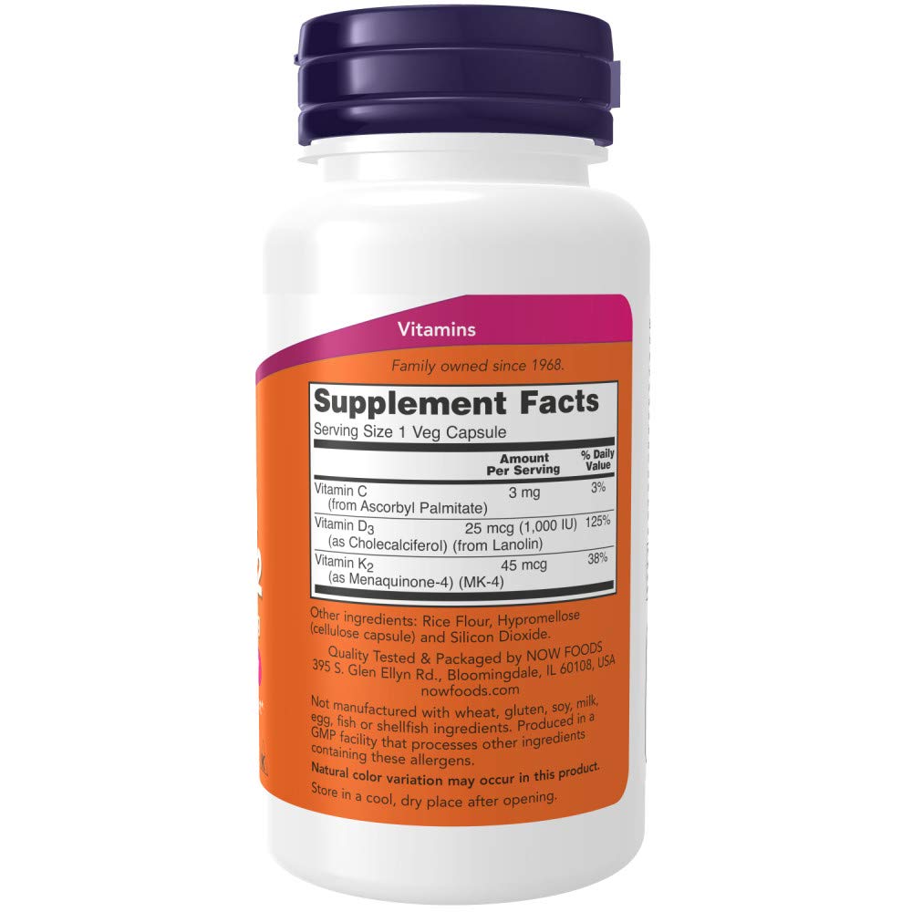NOW Foods Vitamine D-3 & K-2 120 capsules végétales arrière