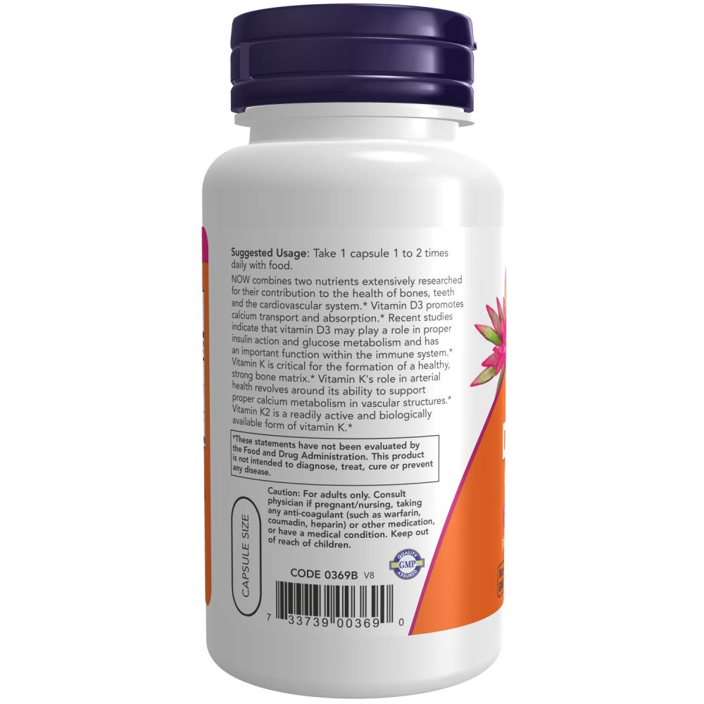 NOW Foods Vitamine D-3 & K-2 120 capsules végétales côté