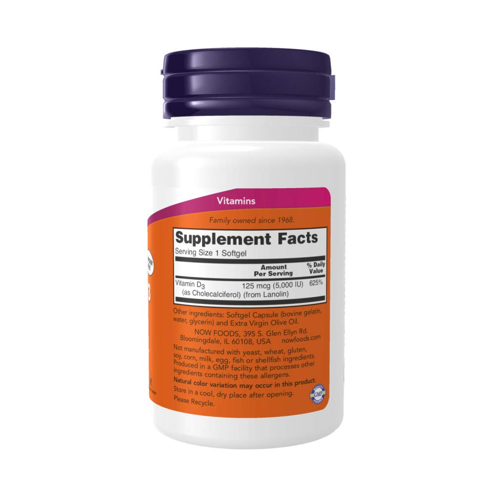 NOW Foods Vitamine D3 5000 UI 240 gélules molles emballage