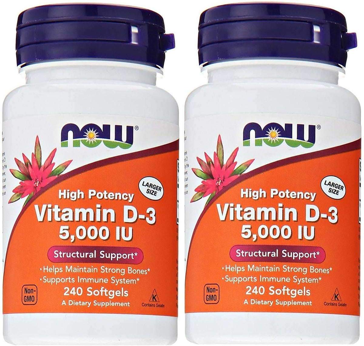 NOW Foods Vitamine D3 5000 UI 240 gélules molles vue de face