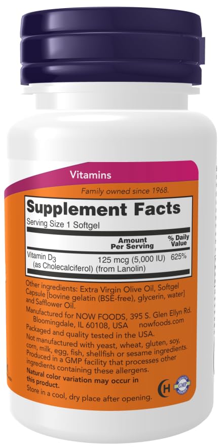 NOW Foods Vitamine D3 5000 UI 360 gélules avec dosage