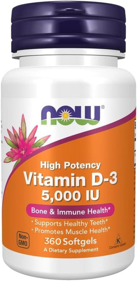 NOW Foods Vitamine D3 5000 UI 360 gélules vue de face