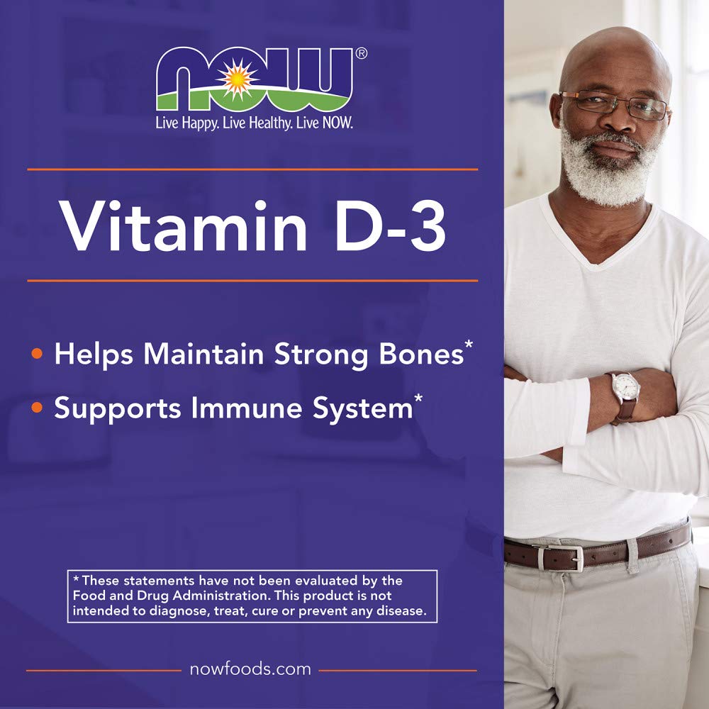 NOW Foods Vitamine D3 5000 UI gélules molles sur une table