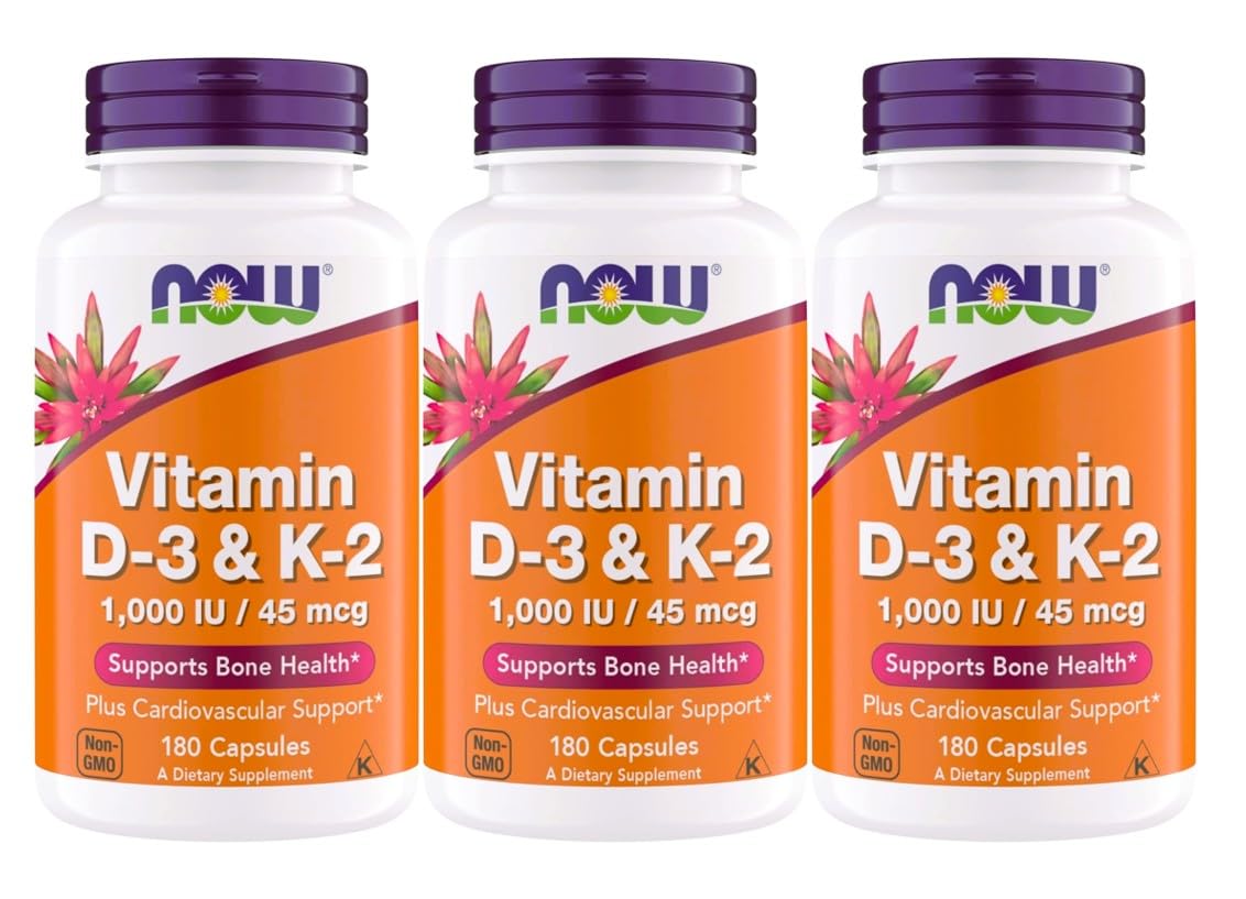 NOW Foods Vitamine D3 K2 1000 UI 180 capsules végétales vue avant