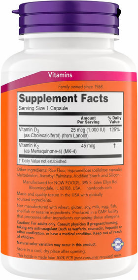 NOW Foods Vitamine D3 K2 1000 UI nutrition facts