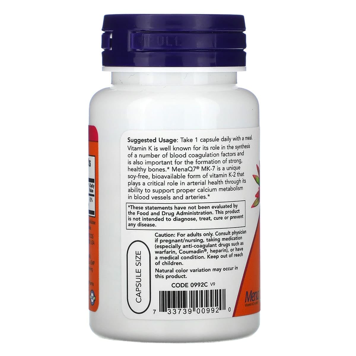 NOW Foods Vitamine K-2 100 mcg capsules végétales côté