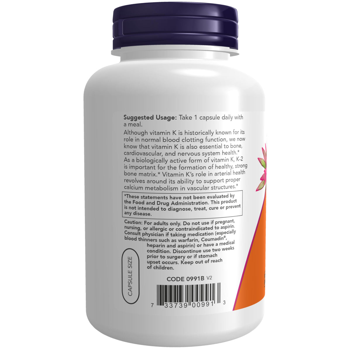 NOW Foods Vitamine K-2 100 mcg Menaquinone-4 étiquette avec informations nutritionnelles