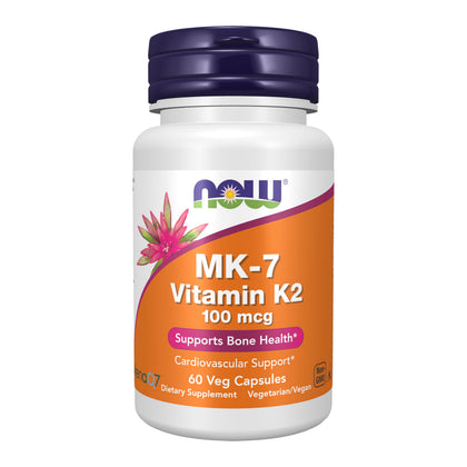 NOW Foods Vitamine K-2 MK-7 capsules végétales 100 mcg devant l'emballage