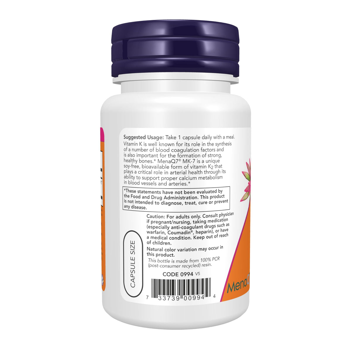 NOW Foods Vitamine K2 (MK-7) 300 mcg gélules végétales vue de côté
