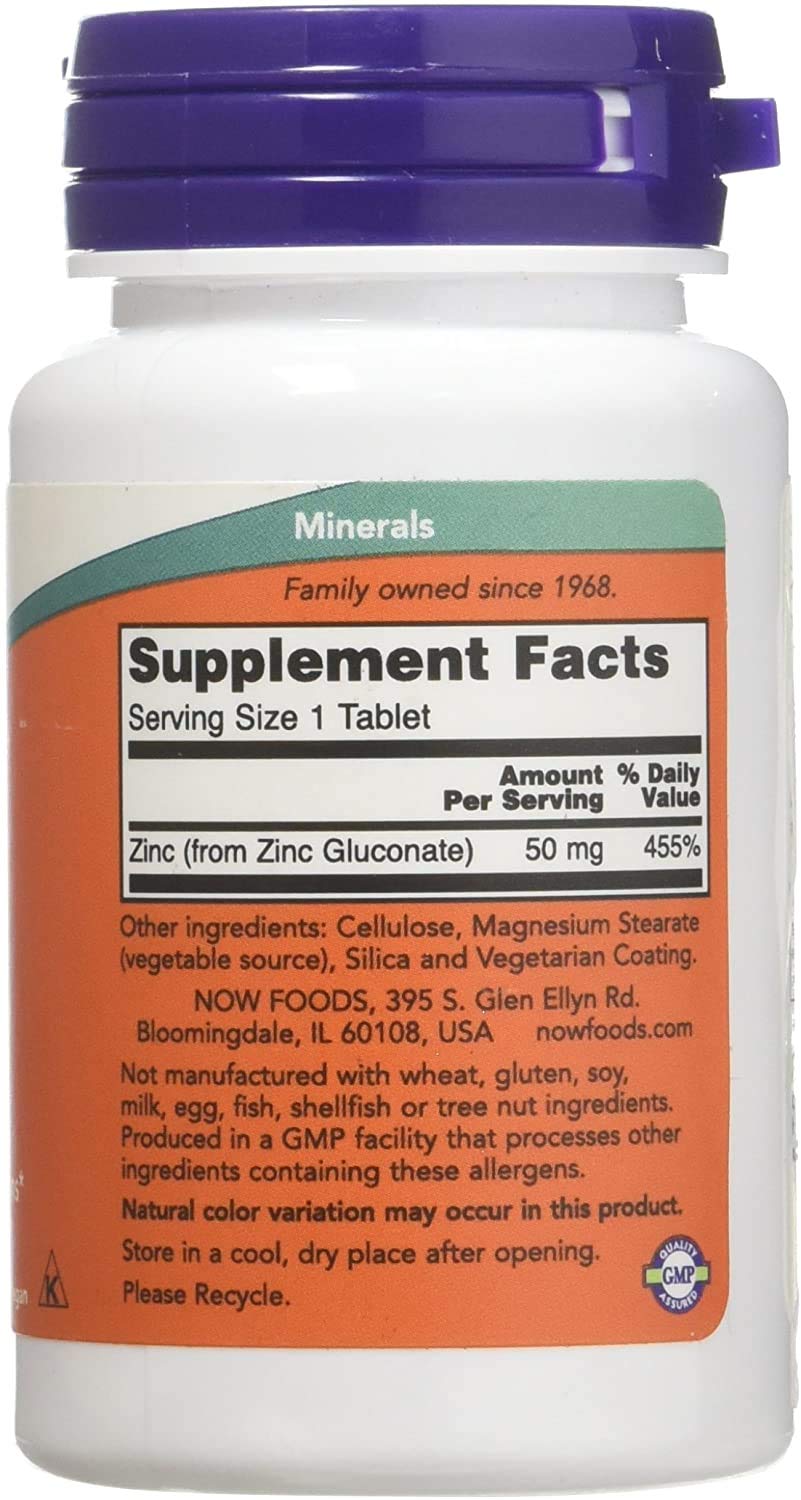 NOW Foods Zinc 50 mg 100 comprimés arrière de la boîte