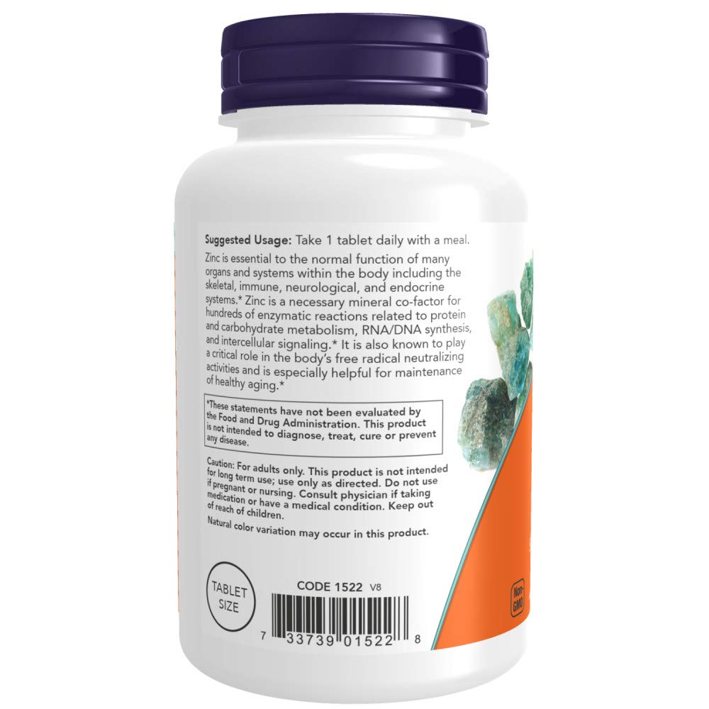 NOW Foods Zinc 50 mg 250 comprimés arrière du flacon