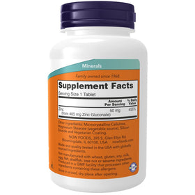 NOW Foods Zinc 50 mg 250 comprimés côté du flacon
