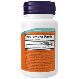 NOW Foods Zinc 50 mg comprimés vue de côté