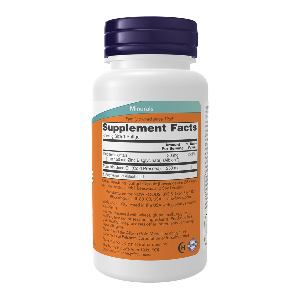 NOW Foods Zinc Glycinate 250 mg Huile de Graine de Citrouille 120 Gélules arrière