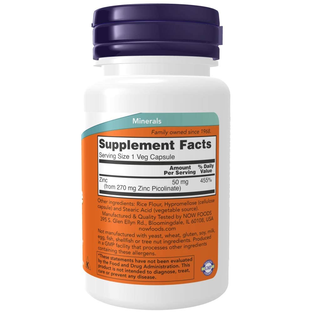 NOW Foods Zinc Picolinate 50mg 60 Capsules vue arrière