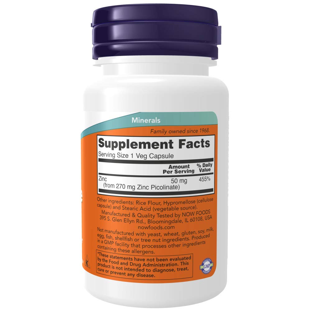 NOW Foods Zinc Picolinate 50mg capsules avec étiquette