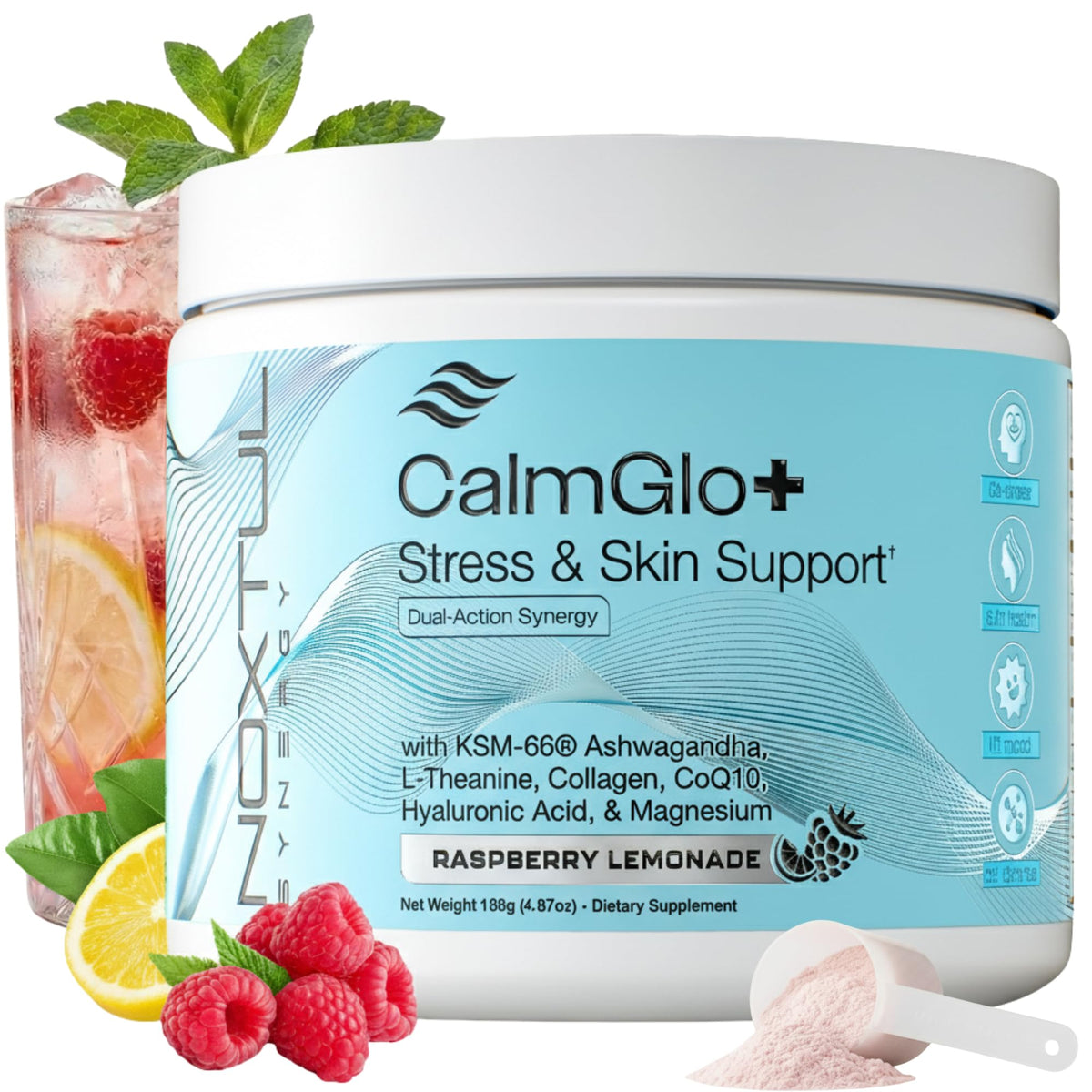 Noxtul CalmGlo+ Poudre de Soutien au Stress et à la Peau, vue avant