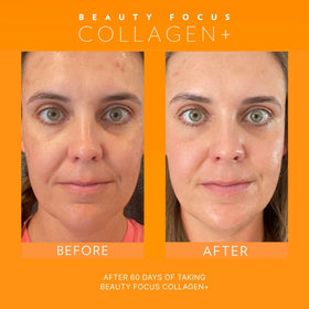 Nu Skin Beauty Focus Collagen+ avec ingrédients en arrière-plan