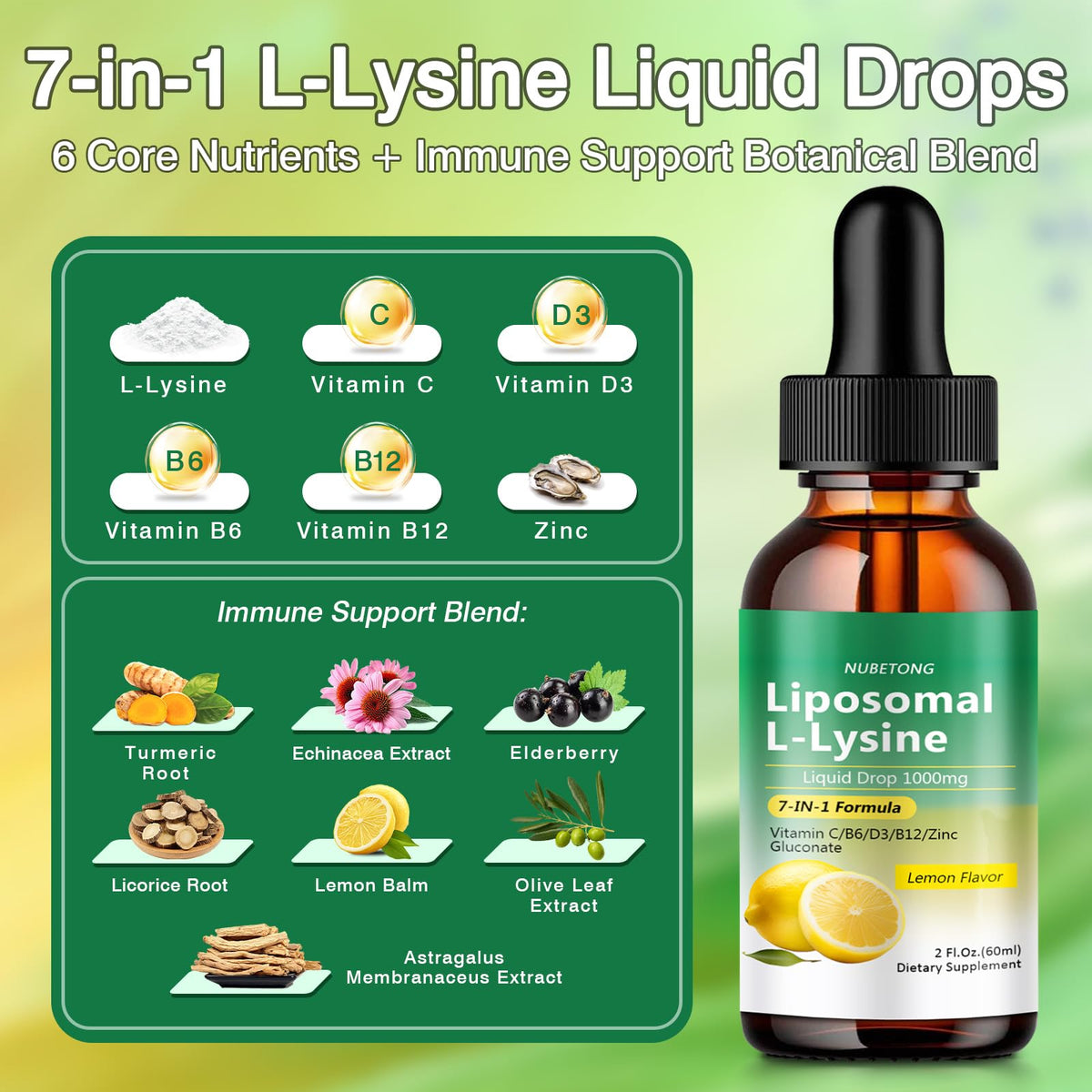 Nubetong L-Lysine Liquide 1000mg flacon arrière avec ingrédients