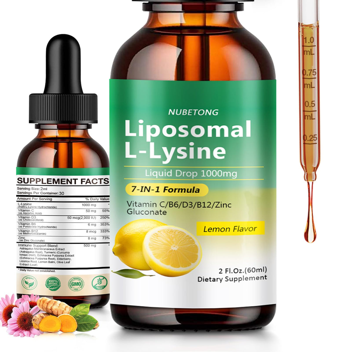 Nubetong L-Lysine Liquide 1000mg flacon avant avec étiquette citron