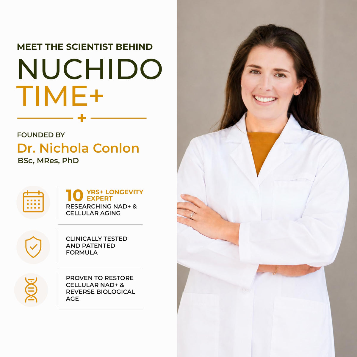 Nuchido Time+ complément NAD+ 30 capsules sur un fond neutre